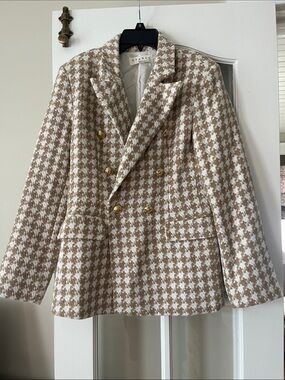 Sandro Beige & White Houndstooth Double-Breasted Blazer